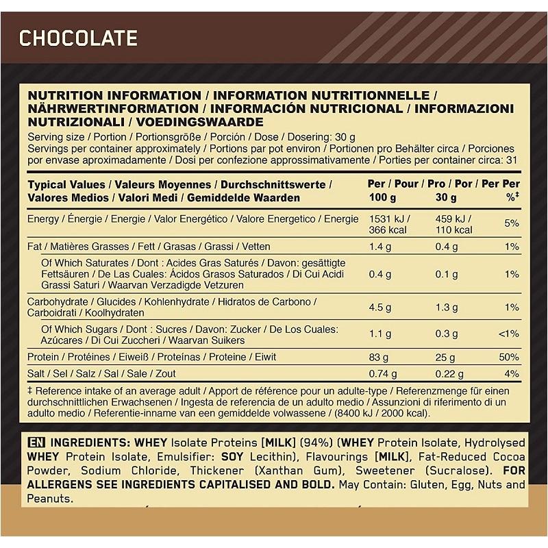 100% ISOLATE GOLD STANDARD 930gr Chocolate (ON)